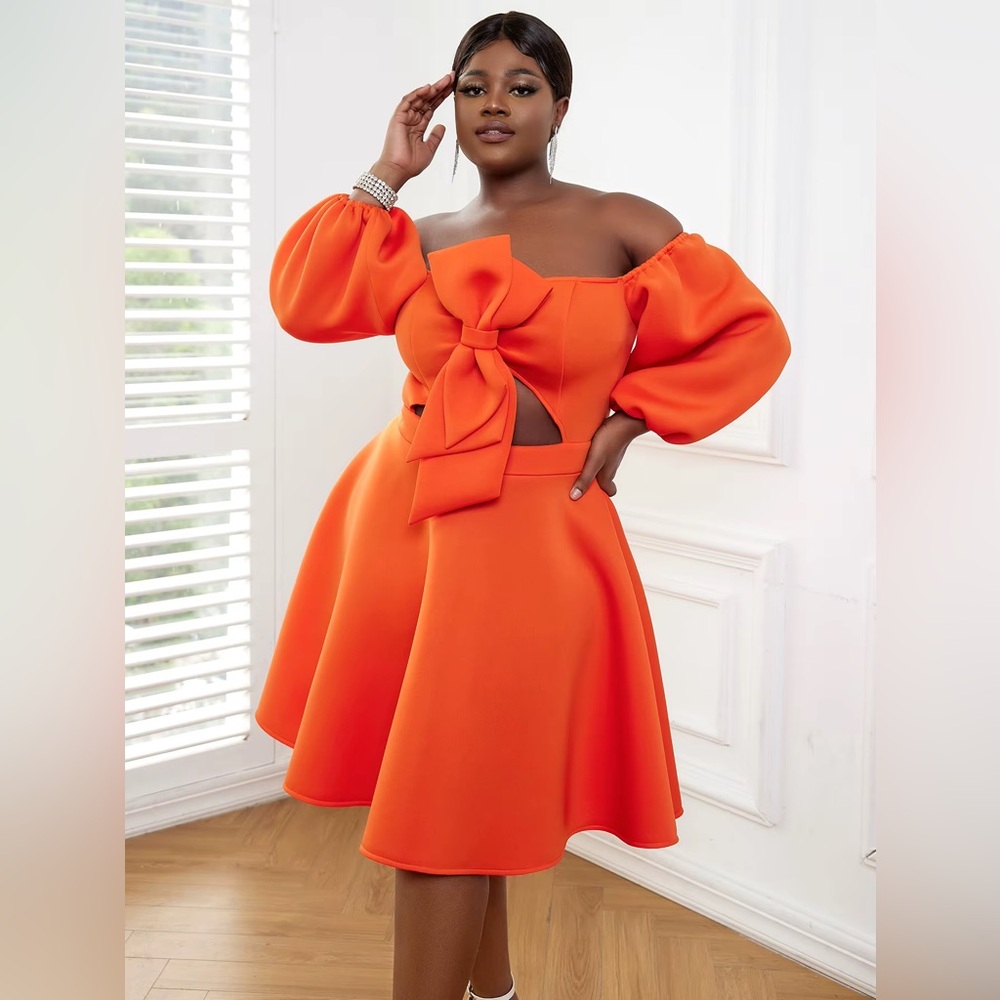 AOMEI Vibrant Orange Off-Shoulder Dress with Bow 2X NWT